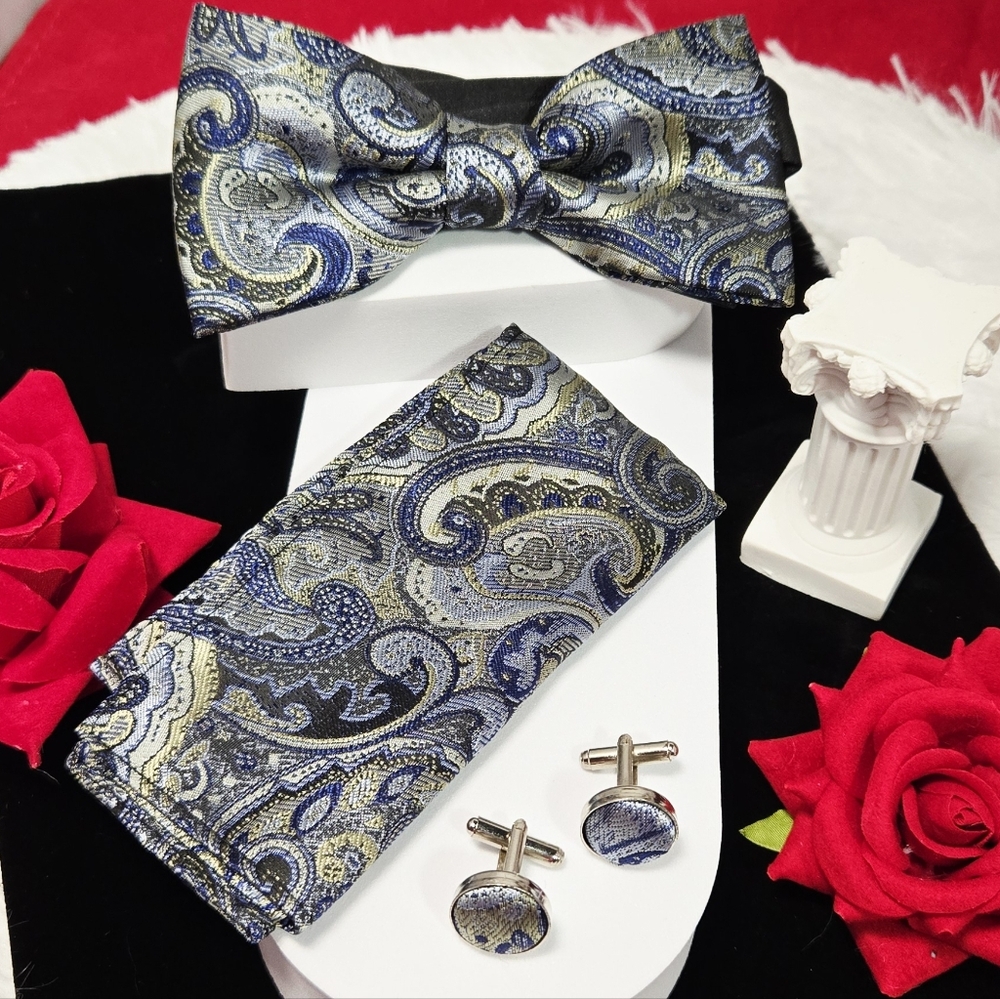 Silver Blue Paisley Bow Tie Pocket Square & Cufflinks Set – Wedding Prom Tux 4pc
